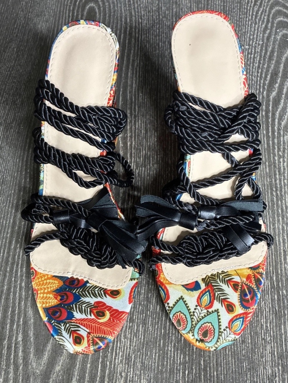 SHEIN Rope Tie Heeled Sandals w/ Peacock Paisley Printed Footbed Sz 7.5